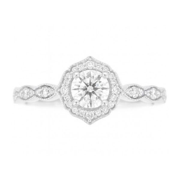 .50CT I1 G VG Canadian Round Brilliant Diamond & .21TCW SI GH Diamond Vintage Design Halo Engagement 14KT WG Cert# GS1299733