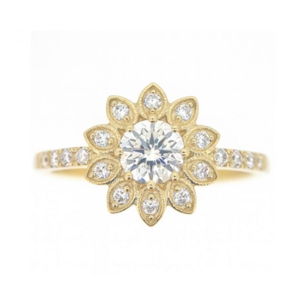 .52CT SI1 F GD Round Diamond & .18TCW Diamonds 14KT Flower Engagement Ring   Cert# GS 1299730