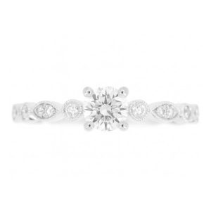 .38CT I1 F VG Round Brilliant Diamond & .27TCW SI GH Diamond Vintage Design Engagement Ring 14KT WG Cert# GS1242342