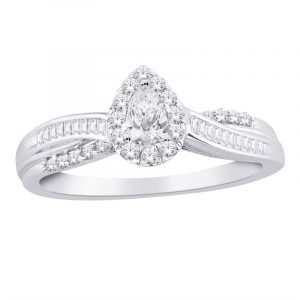 .40TCW Diamond Pear Cut w/ Baguette & Round Brilliant Accents Halo Engagement Ring 10KT WG