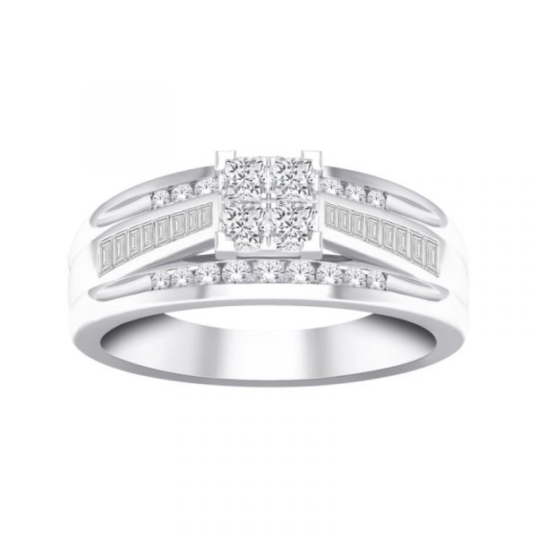 1.0TCW Diamond 2x2 Princess Cut w/ Baguette & Round Brilliant Accents Halo Engagement Ring 10KT WG