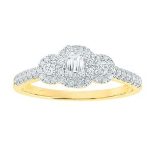 .50TCW Diamond Emerald Cut & Round Brilliant Halo Trio Ladies Engagement Ring 10KT