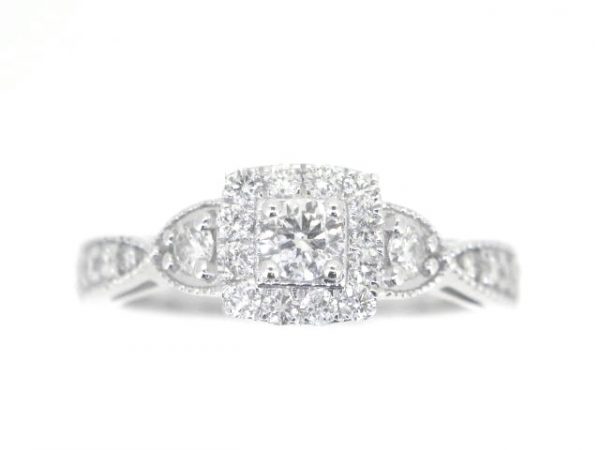.85TCW Diamond Vintage Style Halo Ladies Engagement Ring  10KT WG