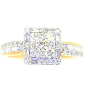 .75TCW Round & Baguette Diamond Square Shaped Halo Ladies Ring 10KT