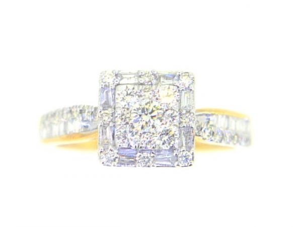 .75TCW Round & Baguette Diamond Square Shaped Halo Ladies Ring 10KT