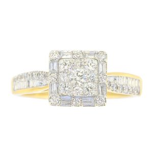 .75TCW Round & Baguette Diamond Square Shaped Halo Ladies Ring 10KT