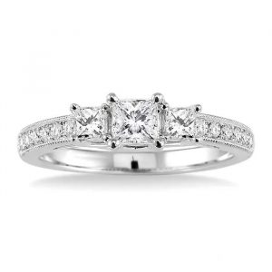 1.0TCW SI2 I-J  Princess Cut Trio w/ Round Brilliant Accent Diamond Engagement Ring 14KT WG