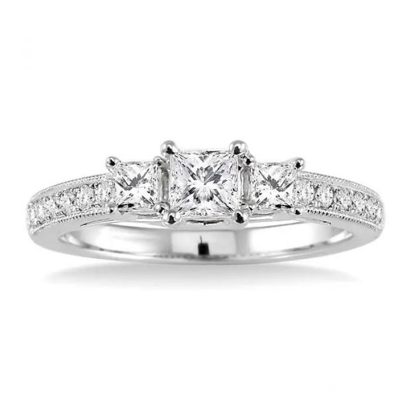 1.0TCW SI2 I-J  Princess Cut Trio w/ Round Brilliant Accent Diamond Engagement Ring 14KT WG