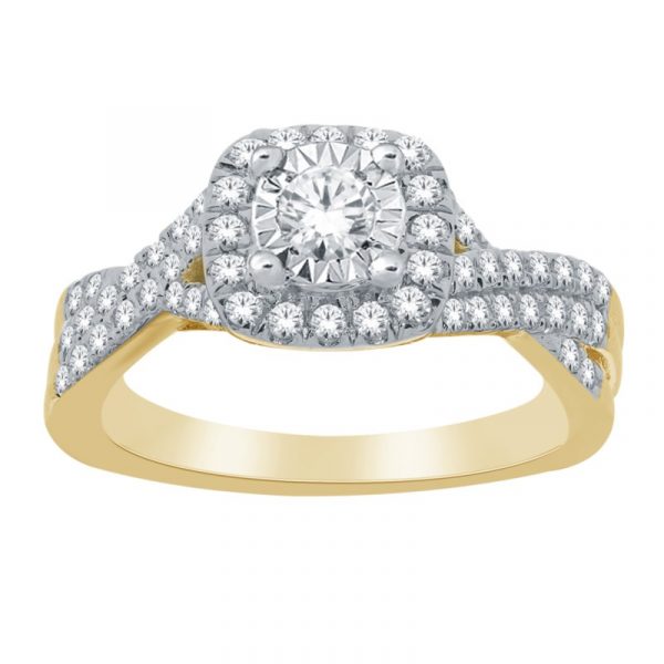 1.0TCW Diamond Cushion Shaped Halo & Criss Cross Shank Ladies Engagement Ring 10KT