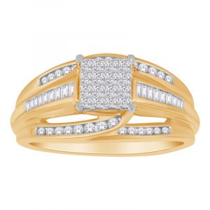 .50TCW Diamond Princess Cut Multi Stone Invisible Set Centre & Round & Baguette Cut Dia s Accented Band Ladies Engagement Ring 10KT