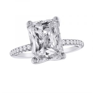 3.05CT VS2 F EX Radiant Cut LAB Diamond & .30tcw VS F Round LAB Dia s with Hidden Halo & Accented Band Ladies Engagement Ring 14KT WG  Laser Engr
