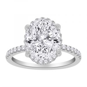 3.00CT VS2 F EX Oval Cut LAB Diamond & .50tcw VS F Round LAB Dia s Halo & Accented Band Ladies Engagement Ring 14KT WG Laser Engraved Cert# LG727