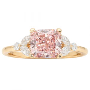 2.01CT VS2 Fancy Vivid Pink Sqr.Cushion Cut LAB Diamond & .27tcw/6  VS FG Round LAB Dia s 14KT   Laser Engraved Cert# LG711531172