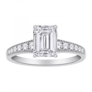 2.03CT VS2 E EX Emerald Cut LAB Diamond & .23tcw VS F Round LAB Dia s Tapered Vintage Design Ladies Ring 14KT WG  Laser Engraved Cert# LG75752170