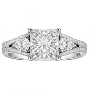 2.06CT VS2 F EX Princess Cut LAB Diamond & .90tcw VS F Pear & Round Micro Pave LAB Dia s Engagement Ring 14KT WG Laser Engraved Cert# LG776620780