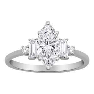 1.00CT VS2 E-F  LAB Marquise Diamond & .15tcw VS2 EF Baguette & Round LAB Dia s Ladies Engagement Ring 14KT WG  Cert# LGR47523