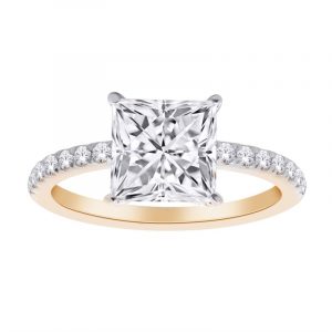 1.00CT VS2 F EX Princess LAB Diamond & .25tcw VS F Round LAB Dia s Accented Band & Hidden Halo Engagement Ring 14KT