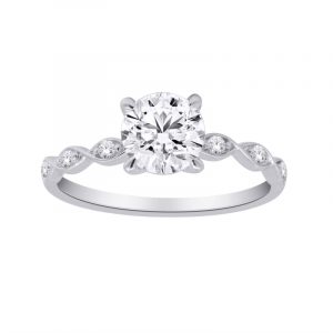 1.00CT VS2 F EX  Round LAB Diamond & .10tcw VS F Round LAB Dia s Vintage Design Ladies Engagement Ring 14KT WG