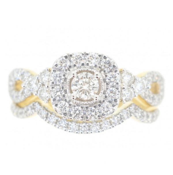 1.0TCW Diamond Halo Infinity Shank & Scalloped Band 2 PCE Engagement Set 14KT