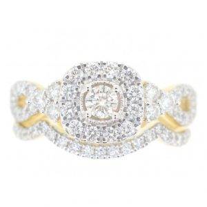 1.0TCW Diamond Halo Infinity Shank & Scalloped Band 2 PCE Engagement Set 14KT