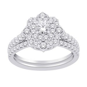 1.0TCW Diamond Flower Design Ladies 2 Pce Engagement Set 14KT WG