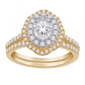 1.0TCW Diamond Scalloped Oval Shaped Double Halo w/ Accents Ladies 2 Pce Engagement Set 14KT TT
