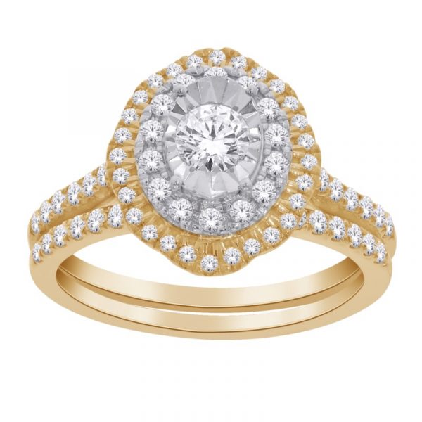 1.0tcw Diamond Scalloped Oval Shaped Double Halo w/ Accents Ladies 2 Pce Engagement Set 14KT TT