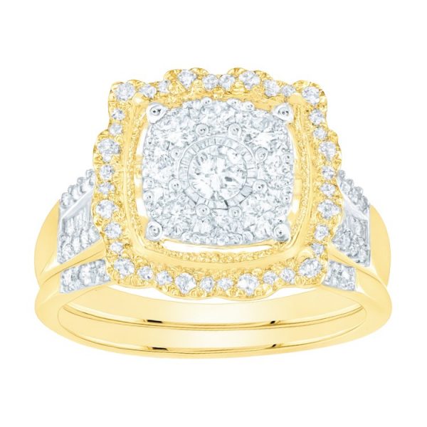 1.0TCW Diamond Scalloped Cushion Shaped Halo 2 Pce Engagement Set 10KT