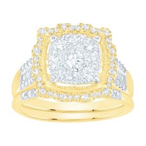 1.0TCW Diamond Scalloped Cushion Shaped Halo 2 Pce Engagement Set 10KT
