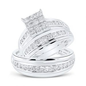 1.0TCW VS2-SI1 GH Diamond 3x3 Cluster His & Hers 3PCE Wedding Set 10KT WG