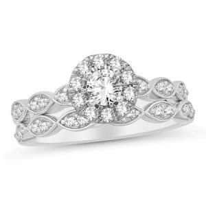 .75TCW Diamond Halo Vintage Design 2 Pce Engagement Set 14KT WG