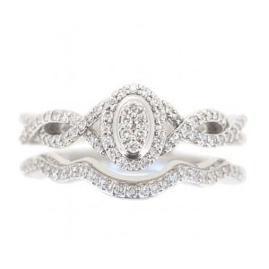 .35TCW Diamond Halo Oval Shaped Crisscross 2 Pce Engagement Set 10KT WG