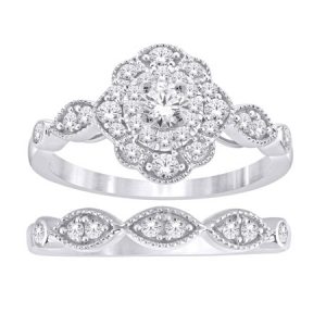 .50TCW Diamond Vintage Flower Design 2 Pce Engagement Set 10KT WG