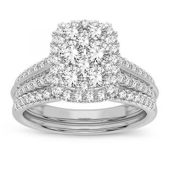 1.0TCW Diamond Invisible Set Rectangular Halo & Accented Shank 2 Pce Wedding Set 10KT WG