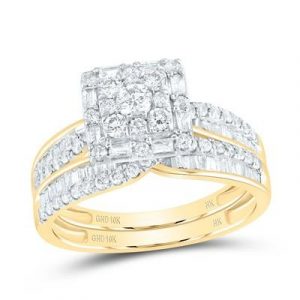 1.0TCW Round & Baguette Diamond Square Shaped Halo 2 Piece Engagement Set 10KT