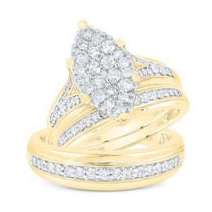 1.15TCW Diamond Marquise Shaped Invisible Set Cluster His & Hers 3PCE Wedding Set 10KT