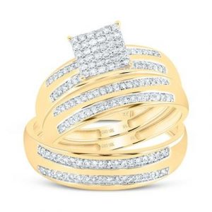 .50TCW Diamond Square Shaped Cluster His & Hers 3PCE Wedding Set 10KT