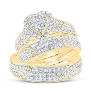 .65TCW Diamond Heart Shaped Cluster His & Hers 3PCE Wedding Set 10KT