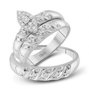 .33TCW Diamond Marquise Shaped Cluster His & Hers 3 PCE Wedding Set Sterling Silver