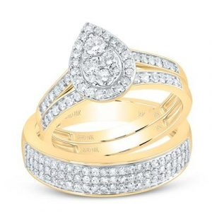 1.0TCW Diamond Pear Shaped Cluster His & Hers 3PCE Wedding Set 10KT