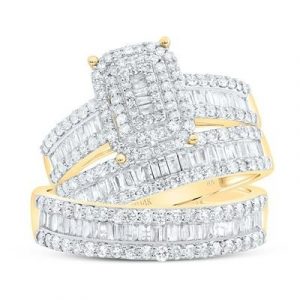 1.75TCW Diamond Cushion Shaped Cluster & Baguette 3PCE Wedding Set 14KT