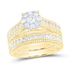 1.0TCW Diamond Round Cluster Milled Edge 2PCE Wedding Set 14KT