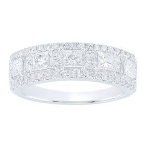 1.0TCW Diamond x5 Princess Halo Anniversary Band 14KT WG
