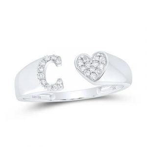 C Initial & Heart W/.10TCW Diamonds Ladies Ring 10KT WG