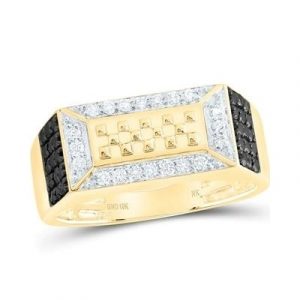 .65TCW Enhanced Black & Wh. Diamond w/ D.Cut Beaded Centre Pattern Rectangular Gents Ring 10KT