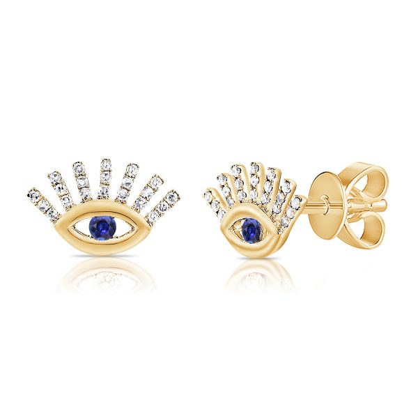 .09TCW Diamond & .09TCW Genuine Sapphire Evil Eye Stud Earrings 14KT   *CLEARANCE-FINAL SALE*