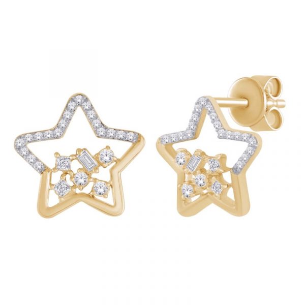 .25TCW Diamond Round Brilliant & Baguette Star Screwback Stud Earrings 10KT   *FINAL SALE*