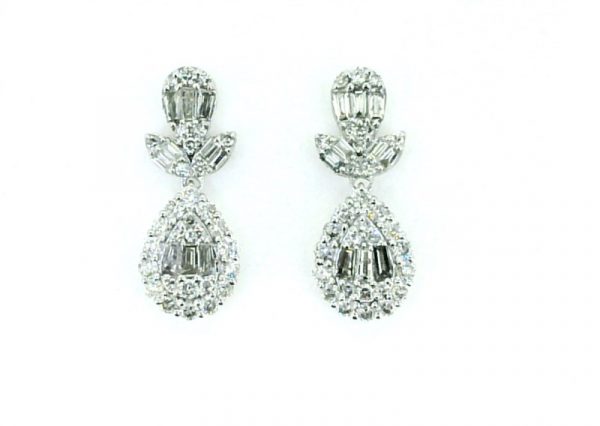 .85TCW Diamond Baguette & Round Brilliant Dangle Pear Shape Screwback Earrings 10KT WG  *FINAL SALE*