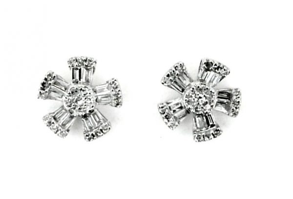 .40TCW Diamond Baguette & Round Brilliant Pin Wheel Flower Stud Earrings 10KT WG  *FINAL SALE*