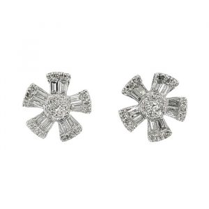 .40TCW Diamond Baguette & Round Brilliant Pin Wheel Flower Stud Earrings 10KT WG *FINAL SALE*